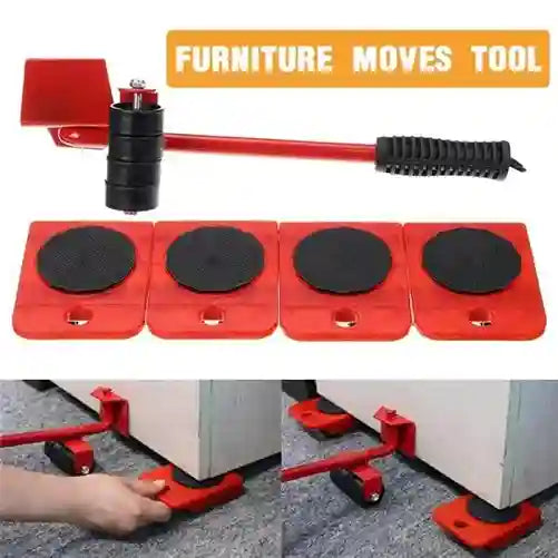 Furniture moves tool with red baseplates and black rollers on a gray floor.