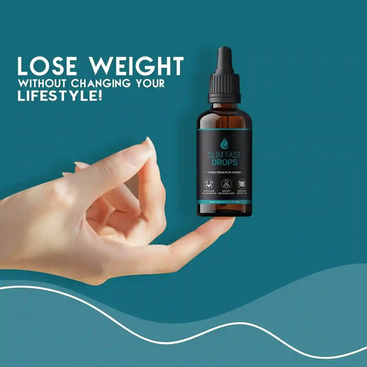 Hand holding a bottle labeled 'Sun Fast Drops' with text about weight loss on a teal background