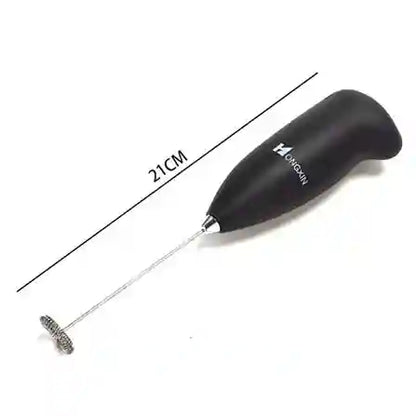 Black milk frother with measurement details on a white background