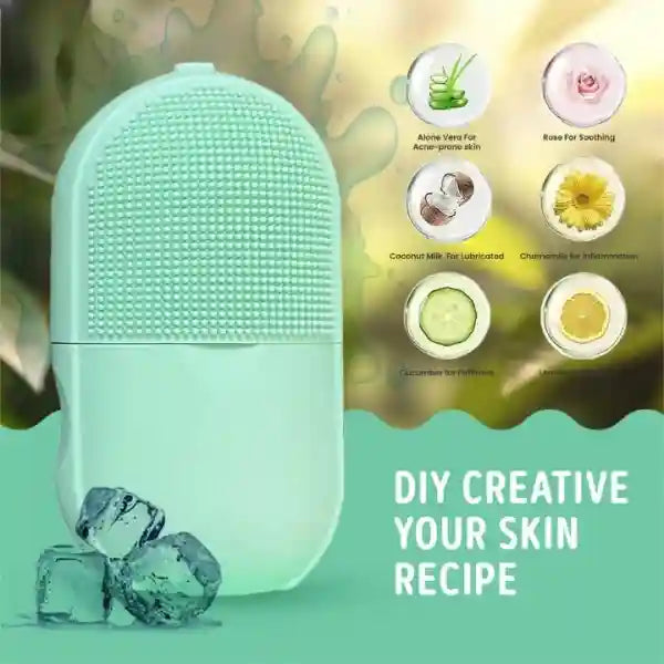 Mint green facial cleansing brush with natural ingredients and ice cubes on a green background