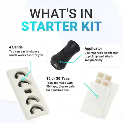 Starter kit components including bands, an applicator, and tabs on a white background.