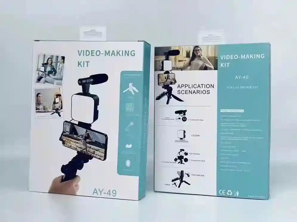 Video-making kit packaging with text and icons on a white background