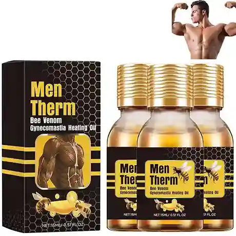 Men's health product packaging with bottles and box labeled 'Men Therm' on a white background.