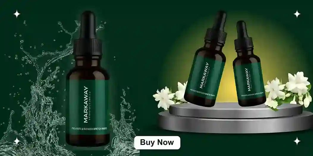 Markaway skincare bottles with droppers on a green background