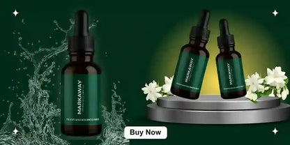 Markaway skincare bottles with droppers on a green background