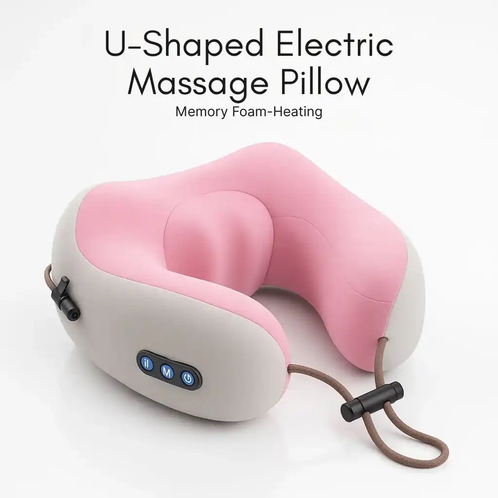 U-shaped electric massage pillow with pink and beige design on a white background