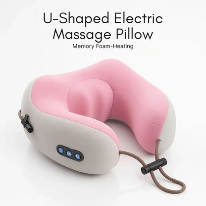 U-shaped electric massage pillow with pink and beige design on a white background