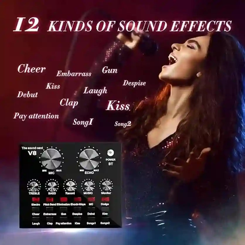 Woman singing with sound effect labels and a sound card V8 device on a dark background