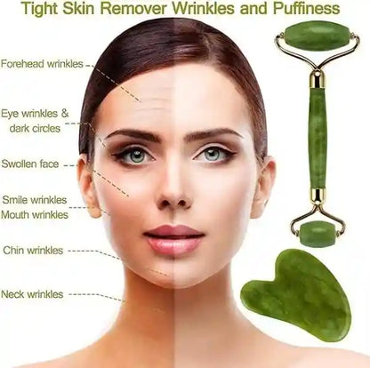 Woman's face with skin concerns labeled and a green facial roller on a white background