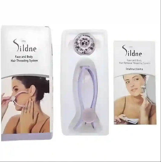 Sildne hair threading system packaging with product and user images on a white background