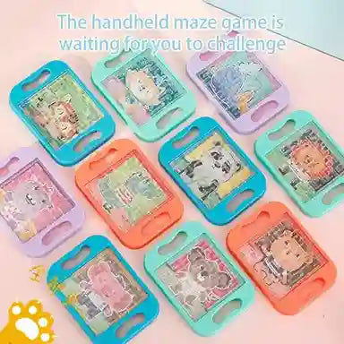 Handheld maze games in colorful cases with cartoon characters on a pink background.