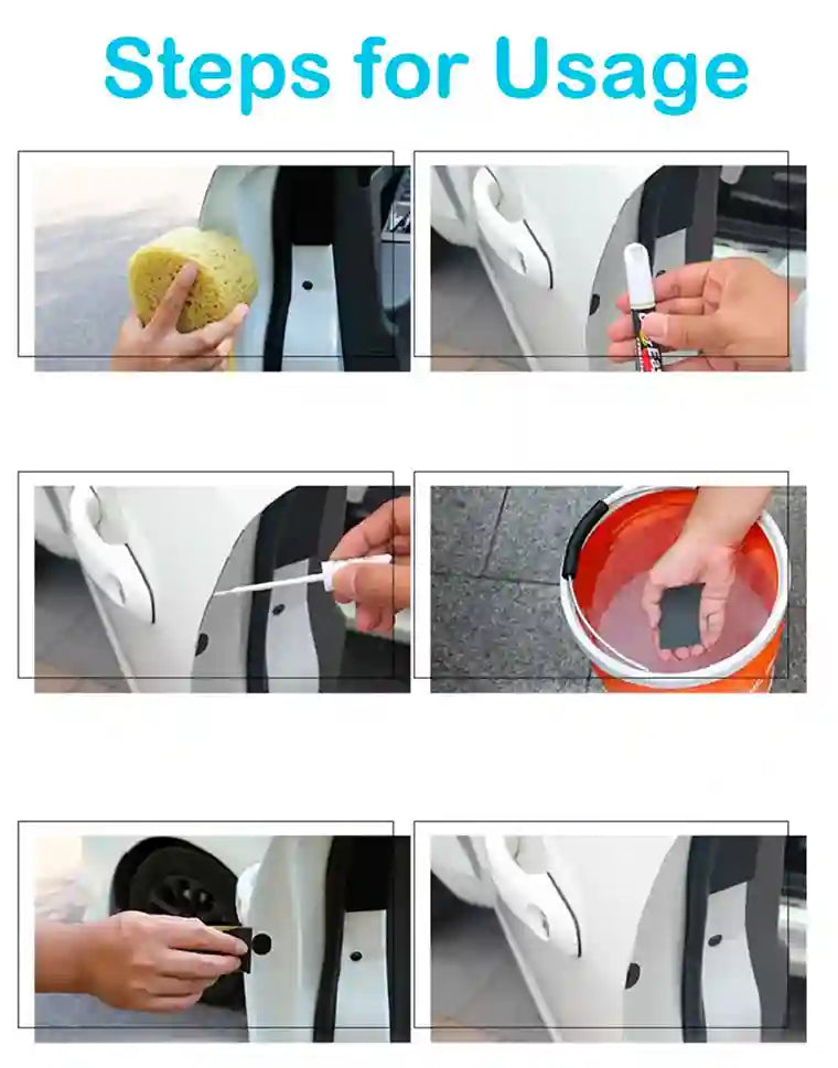 Steps for using a car detailing product with images of hands applying the product to a car.
