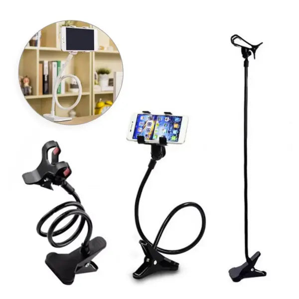 Set of three adjustable phone stands with a close-up inset showing one in use.