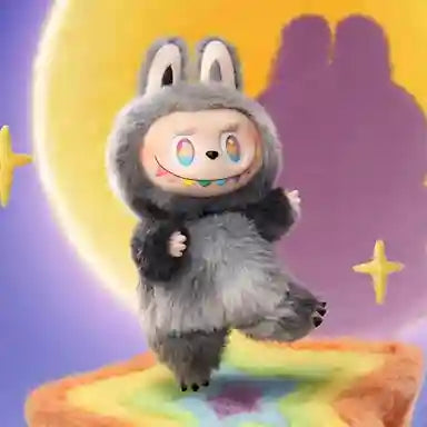 Child in a gray bunny costume standing on a rainbow with a yellow moon and purple sky in the background