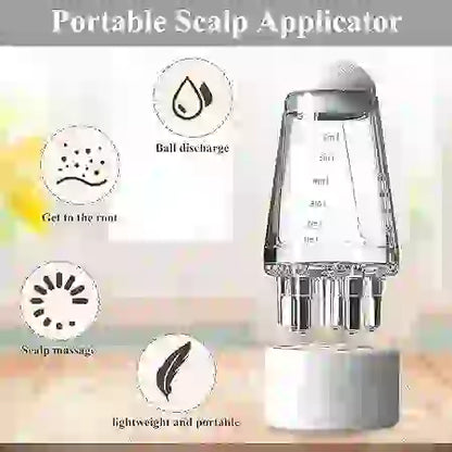 Portable scalp applicator with features and usage instructions on a blurred background