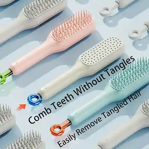 Set of hairbrushes with text indicating their use on a light blue background
