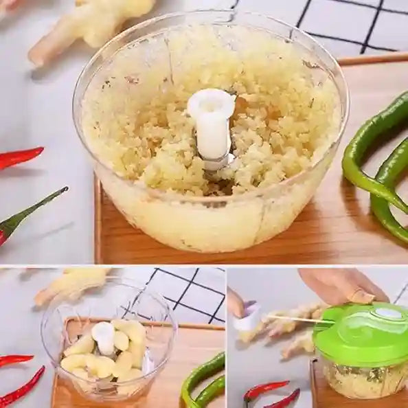Collage of images showing a hand using a small food processor to chop ginger with peppers and garlic around.