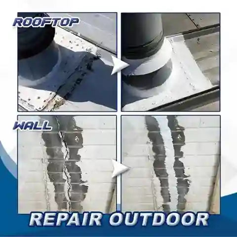 Collage of a roof and wall repair process with text indicating 'Rooftop' and 'Wall Repair Outdoor'.