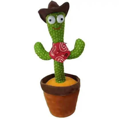 Plush cactus toy with cowboy hat and bandana on a white background
