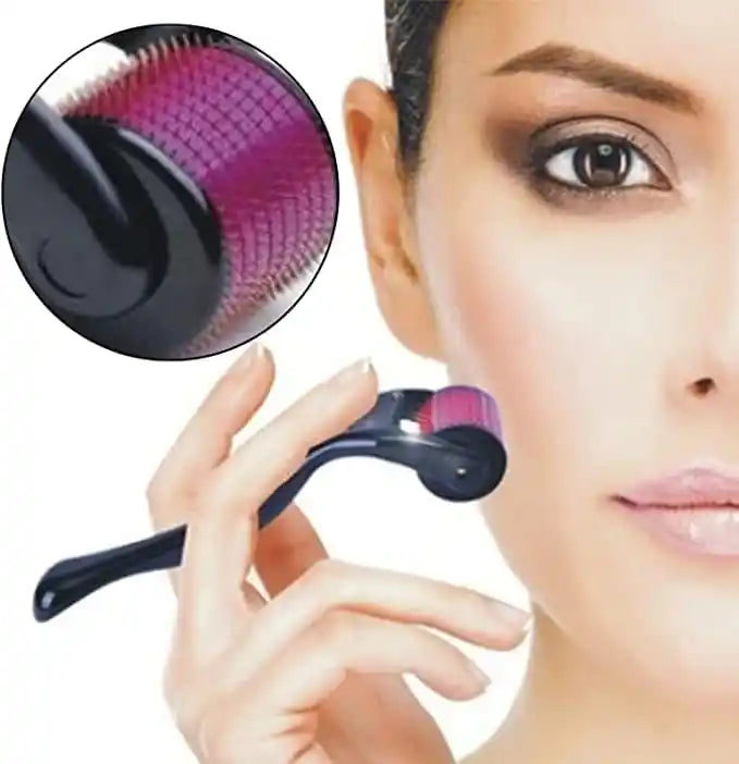 Hand holding a black and purple facial cleansing brush with close-up of brush head, next to a woman's face.