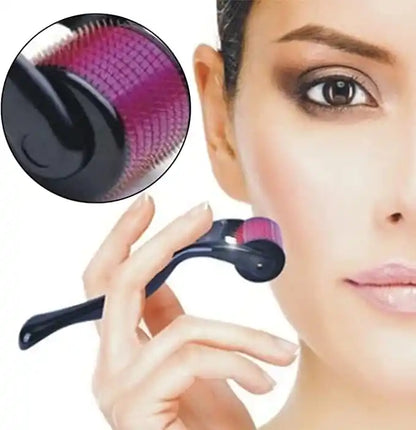 Hand holding a black and purple facial cleansing brush with close-up of brush head, next to a woman's face.