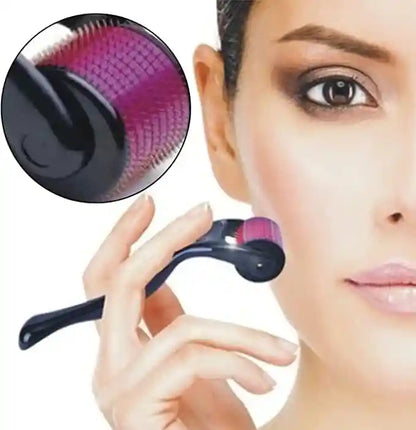 Hand holding a facial roller with close-up of roller head and a woman's face.