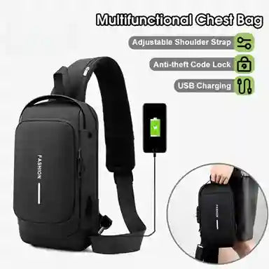 Black multifunctional chest bag with USB charging port, anti-theft code lock, and adjustable shoulder strap on a white background.