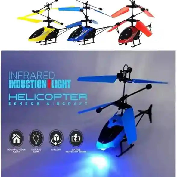 Colorful toy helicopters with glowing blue light on a gray background