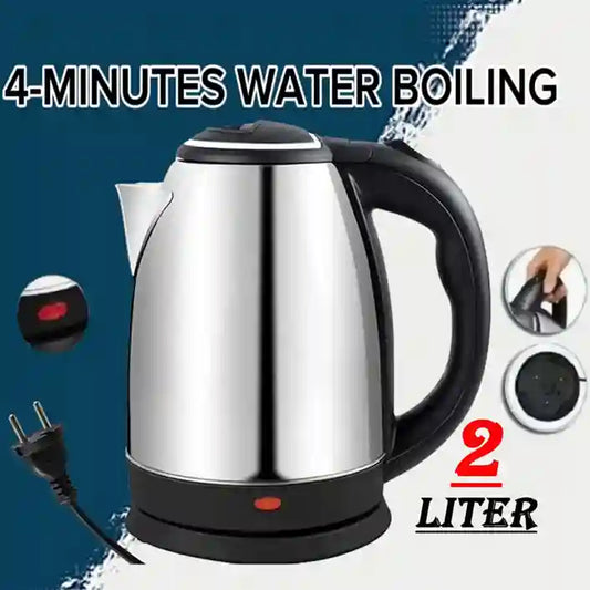 Stainless steel electric kettle with black handle on a blue background, featuring text about water boiling time and capacity.
