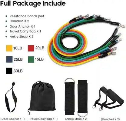 Resistance band set with various weights and accessories on a white background