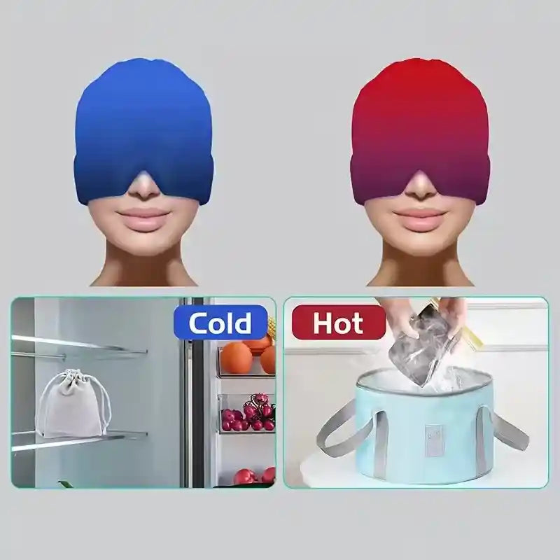 Two face masks, one blue and one red, with text indicating 'Cold' and 'Hot'. Below are images of a refrigerator and a container with ice.
