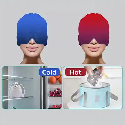 Two face masks, one blue and one red, with text indicating 'Cold' and 'Hot'. Below are images of a refrigerator and a container with ice.