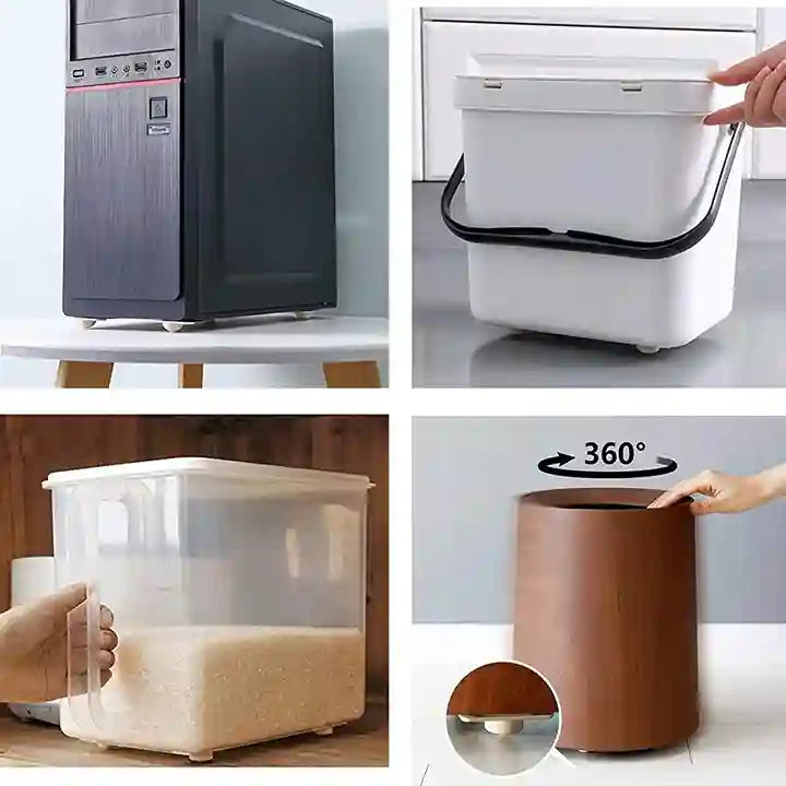 Collage of a computer tower, white container, clear container with rice, and brown container.