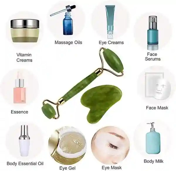 Various skincare products including massage oils, eye creams, face serums, and body milk on a white background.