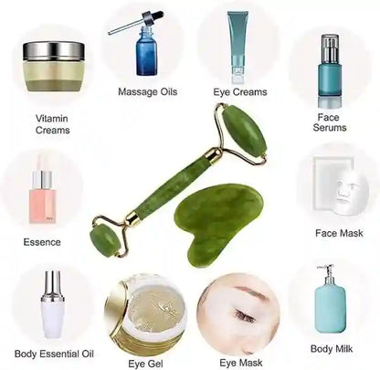 Various skincare products including massage oils, eye creams, face serums, and body milk on a white background.