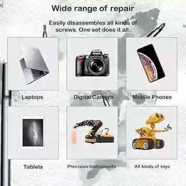 Advertisement for a wide range of repair tool set with images of laptops, digital cameras, mobile phones, tablets, precision instruments, and toys.
