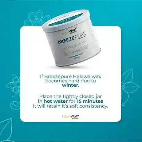 Breeze Pure Halawa wax container with instructions on a blue background