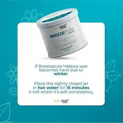Breeze Pure Halawa wax container with instructions on a blue background