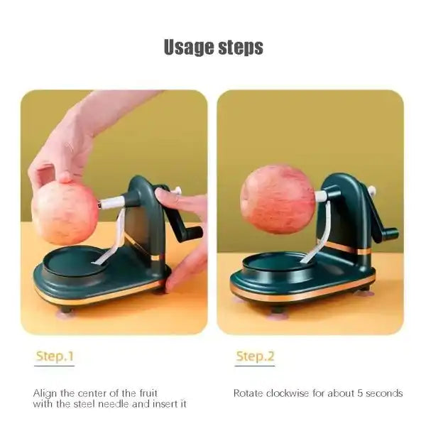 Instructions for using a fruit peeler with text indicating usage steps.