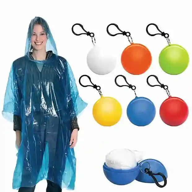 Person wearing a blue rain poncho with colorful浮标的图片