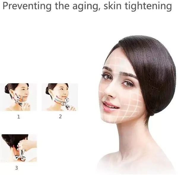 Woman using a device on her face with text 'Preventing the aging, skin tightening' on a white background.
