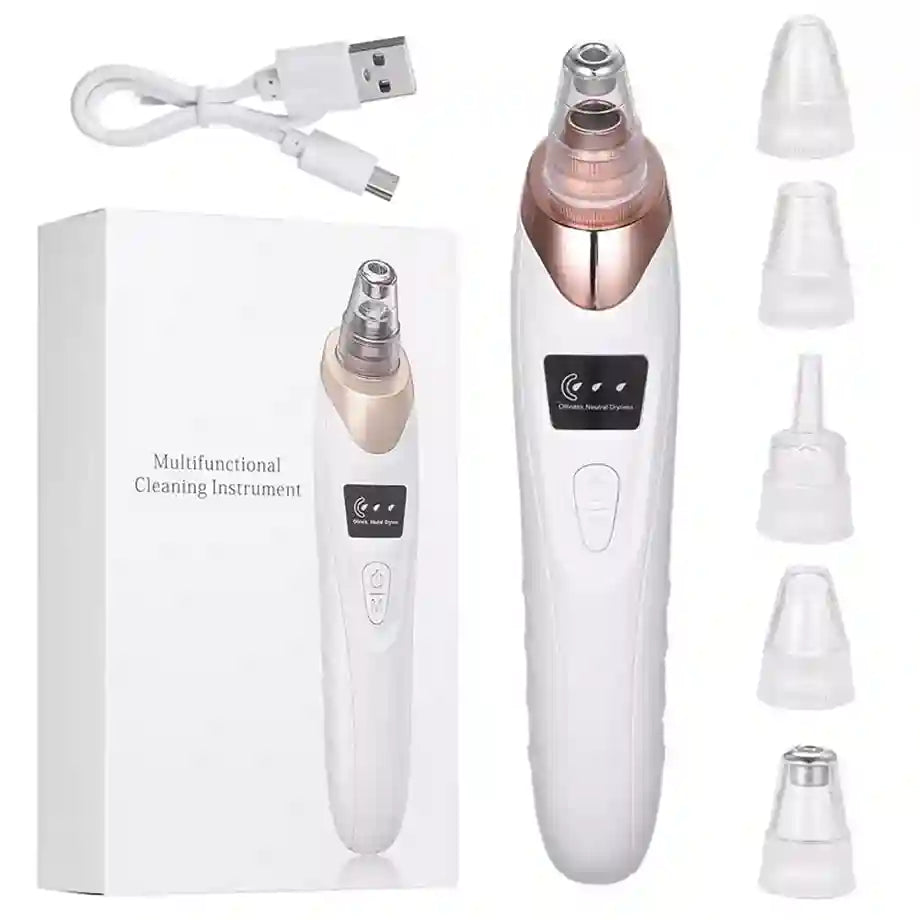 Multifunctional cleaning instrument with attachments and USB cable on a white background