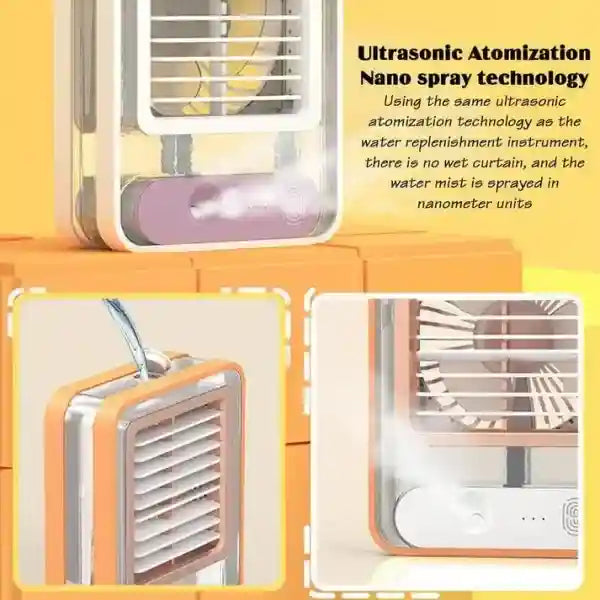 Portable air cooler with ultrasonic atomization technology on a yellow background