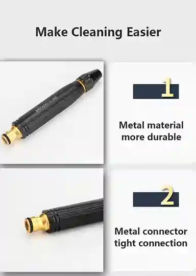 Metal spray nozzle with text highlighting durability and connection quality on a white background