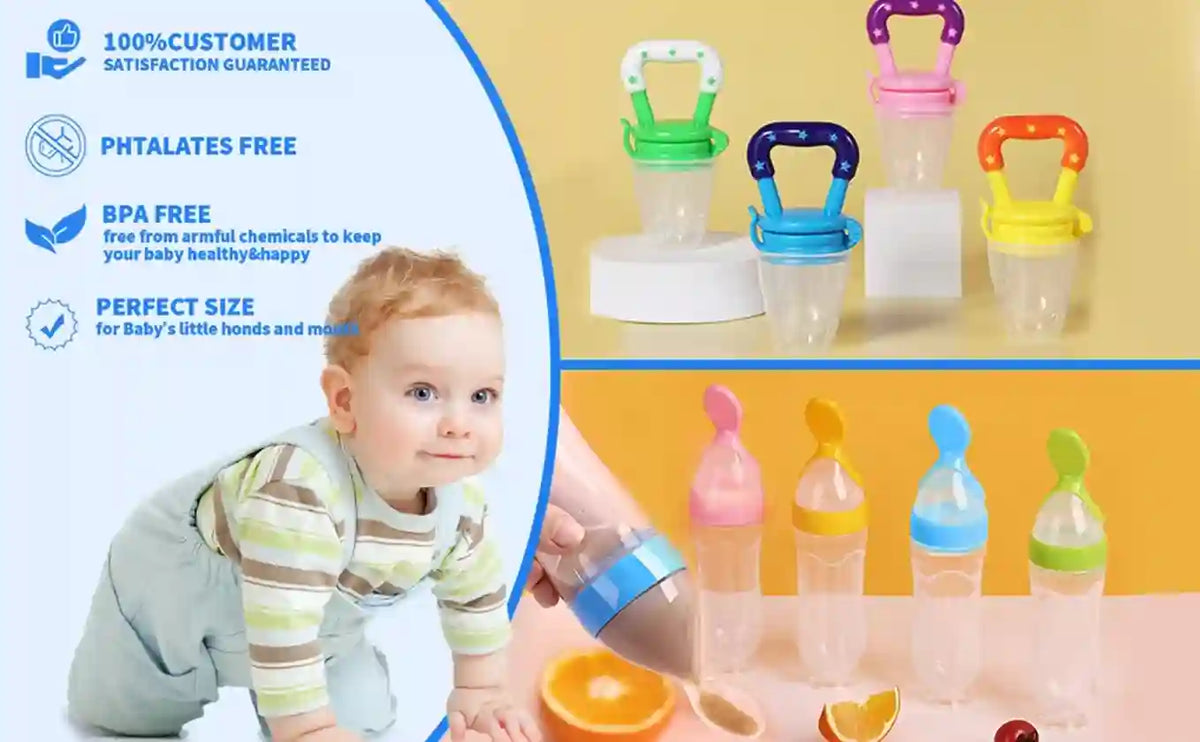 Baby holding a colorful pacifier with text highlighting features on a yellow background