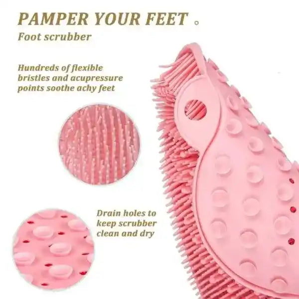 Pink foot scrubber with text describing its features on a white background