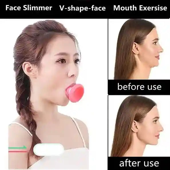 Product before and after use on a woman's face, showing a V-shaped face and mouth exercise.