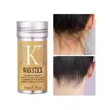 Wax stick container with close-up images of hair styling results on a white background