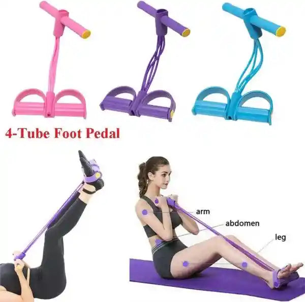 4-Tube Foot Pedal exercise equipment with color options and usage examples.
