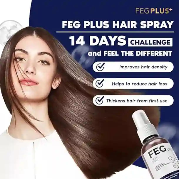 Advertisement for FEG Plus hair spray with a woman and product bottle on a blue background